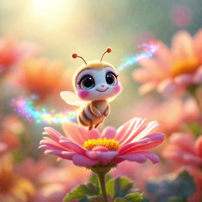 The primary subject of the image is a small, cute, and colorful bee. The bee is perched on a pink flower, which serves as the setting for the scene. The visual style of the image is a combination of photo and digital art, creating a whimsical and playful atmosphere. The dominant colors in the image are pink and yellow, which contribute to the overall cheerful and lively mood.